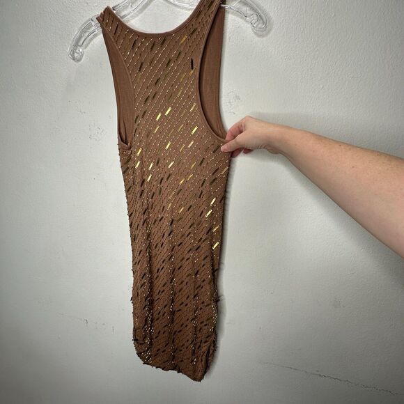 Haute Hippie Chocolate Brown Tank Mini Dress Side Ruche Gold & Beaded Adornment - Picture 7 of 14